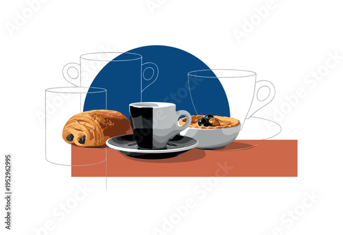 Black and white espresso cup next to traditional pastry and savory dish, oversized deep blue semicircle behind the cup, terracotta rectangular accent grounding