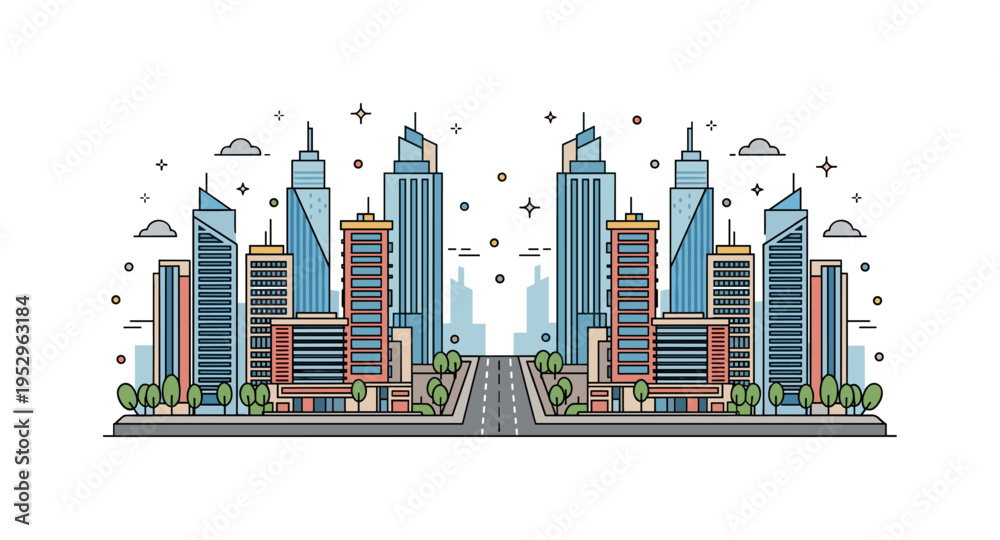 Fototapeta premium Modern skyline under construction illustrated from a top perspective with symmetrical building footprints and a central roadway cutting through the project.