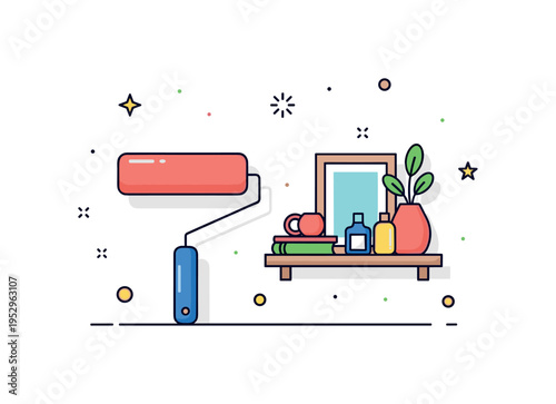 Home decor on a budget DIY room refresh theme shown as a paint roller beside a simple wall shelf with decor items, symbolizing creative transformation through