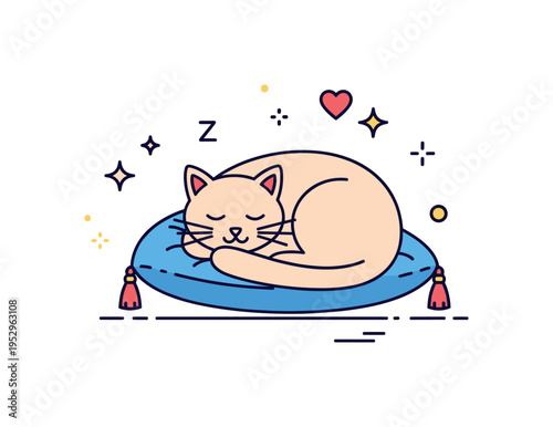 Cozy pet companionship with a curled sleeping cat on a cushion expressing warmth, affection, and peaceful home life. Small heart and sparkle accents subtly