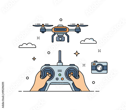 Professional drone operator scene featuring a handheld remote controller in the foreground with a small drone above, symbolizing skill, coordination, and