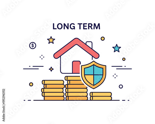 Long term financial security theme represented by a house and shield icon positioned above stacked coins, symbolizing stability, protection and