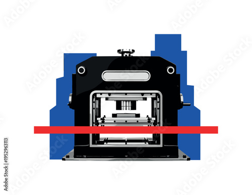 Black and white industrial die-cut press with symmetrical heavy structure, bold red horizontal line marking the cutting level, geometric blue blocks stacked