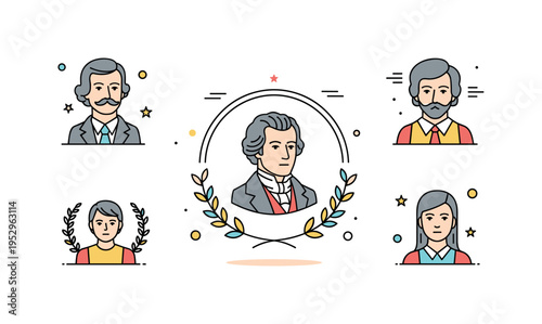 Important historical figures in portraits featuring a composed bust style portrait framed in a simple circular badge with subtle laurel accents, expressing