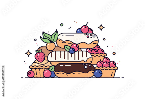 Pastry tasting platter compact arrangement of eclairs, mini tarts and decorative berries with subtle sparkles suggesting freshness and premium quality.