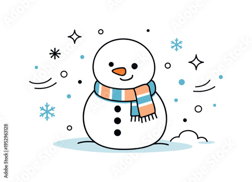Winter character illustration. A simple snowman wearing a scarf, gently smiling in a quiet snowy setting. Peaceful and playful feeling with light abstract snow
