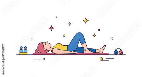 Calm studio Pilates environment featuring a person lying on a mat in a relaxed final pose with small sparkle accents suggesting focus and completion,