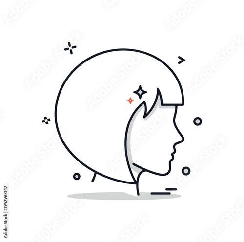 Modern bob haircut trend shown as a clean side profile silhouette with a sharp rounded bob shape and a tiny star accent near the hairline, conveying freshness