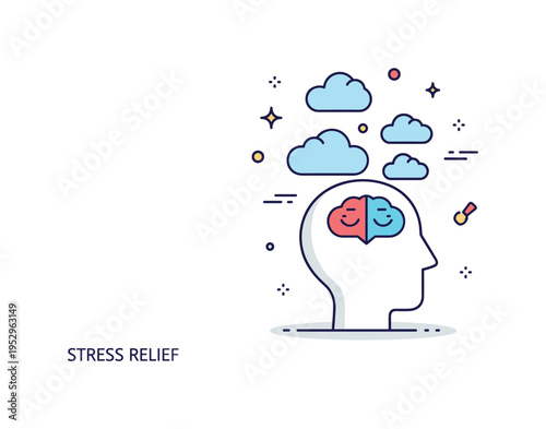 Stress relief meditation concept illustrated by a relaxed head silhouette with soft cloud shapes dispersing above it. The scene reflects mental clarity,