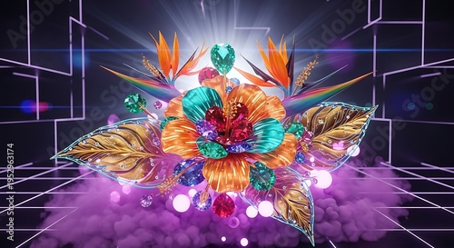 3D render of opulent flower and bird of paradise with gemstones and purple smoke against grid background