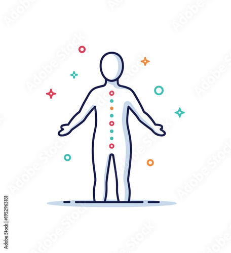 Body scan mindfulness exercise theme featuring a simple human outline with small glowing dots aligned vertically along the center. The composition conveys