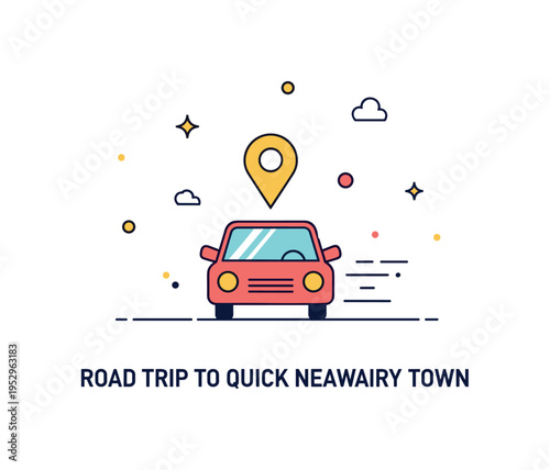 Road trip to nearby town centered on a compact car with a small location pin above and subtle motion lines behind, conveying spontaneity and quick adventure