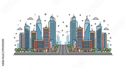 Modern skyline under construction illustrated from a top perspective with symmetrical building footprints and a central roadway cutting through the project.