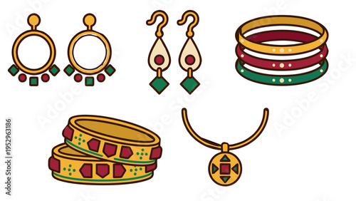 Indian Traditional Jewelry Vector Set, Gold Earrings and Bangles with Emerald and Ruby Gems, Ethnic Bridal Ornament Design