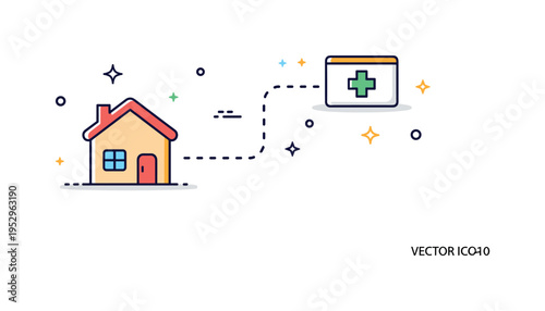 Rural medical outreach concept featuring a compact house icon connected by a dotted path to a small medical cross badge. A clear visual metaphor of reaching