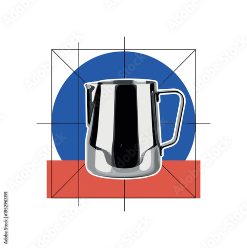 Black and white stainless steel milk frothing pitcher centered in composition, bold cobalt blue circular halo behind the pitcher body, sharp terracotta red