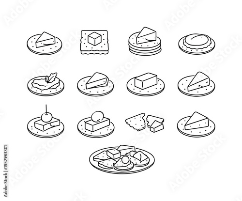Crackers with Cheese. Minimalistic set one-line drawing round cracker with cheese slice, square cracker with cheese cube, stack of crackers with cheese wedge,