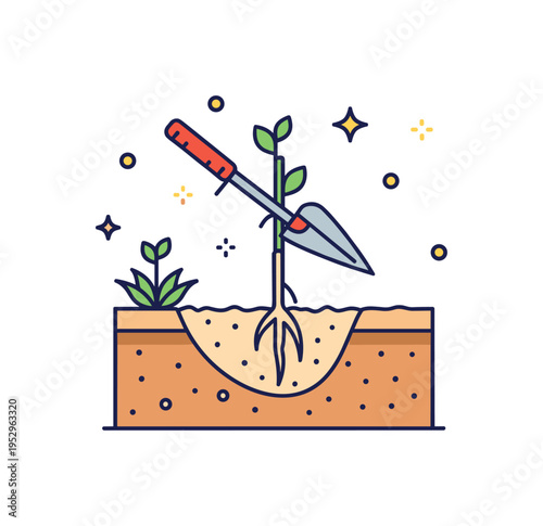Root deep weed removal shown through a simplified cross section of soil with a long root being carefully extracted, expressing thoroughness and prevention of