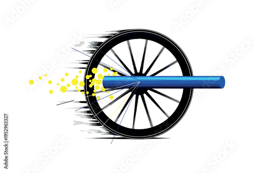Black and white side view of a wagon wheel in motion blur, bold blue geometric cylinder crossing horizontally through the center, thin diagonal lines
