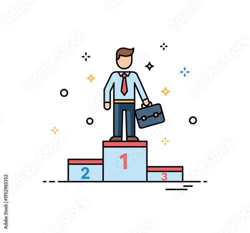 Executive promotion achievement figure standing on a higher podium level holding a briefcase with small success sparkles, conveying confidence and