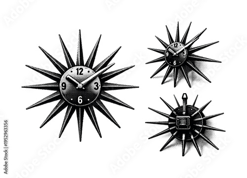 Wall clock analog ? starburst wall clock with radiating spokes and central circular face, presented in straight-on view, three-quarter angle, and rear view to