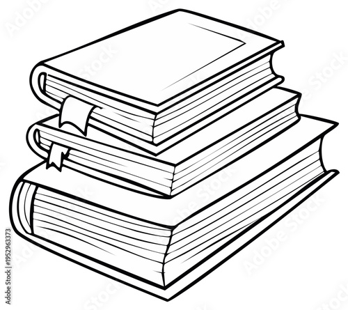Black and white line art illustration of a stack of three hardcover books with bookmarks