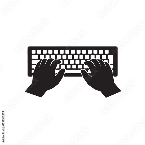 A minimalist black and white icon showing two human hands actively typing on a computer keyboard Vector