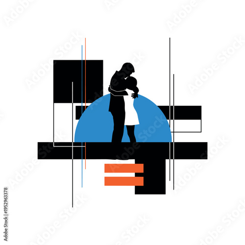 Black and white silhouettes of explorers with backpacks walking through a tunnel, bright orange circle at the tunnel exit and blue concentric arcs radiating