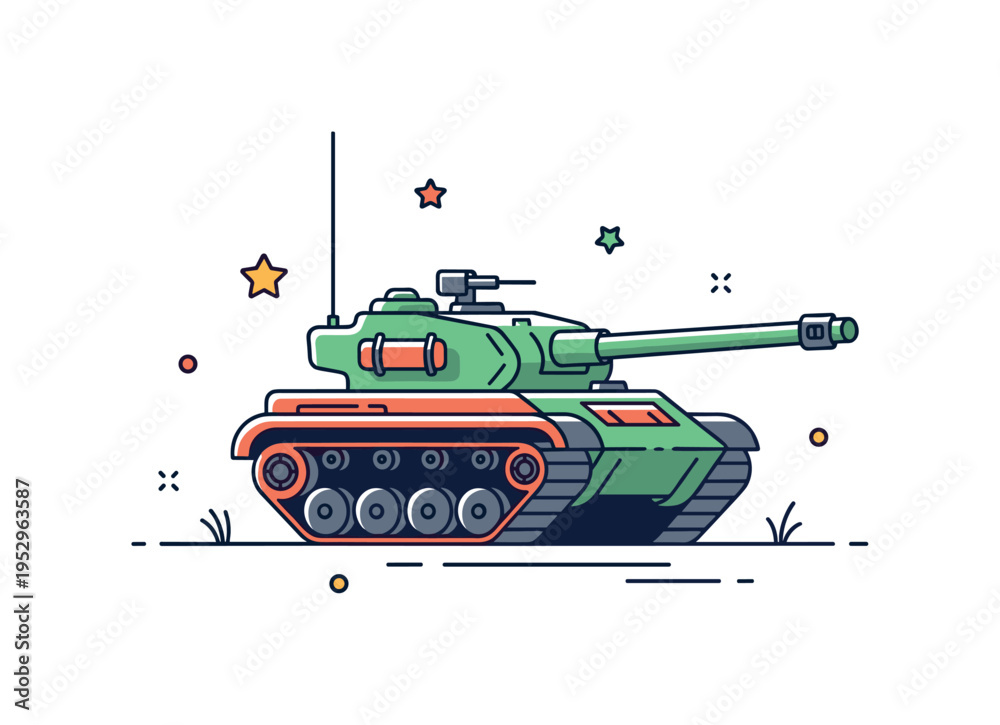Fototapeta premium Battle tank silhouette with a long barrel and sturdy tracks positioned as the central element expressing strength, defense, and military power. Subtle star