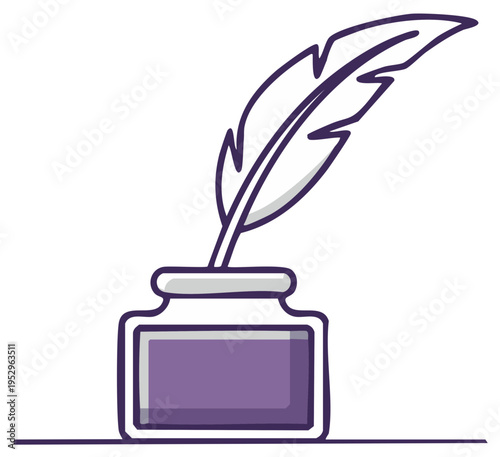 Simple line art illustration of a feather quill pen in a purple inkwell
