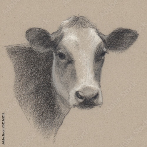 Artistic, monochrome pencil sketch of a cow's head, facing forward. Detailed shading and texture