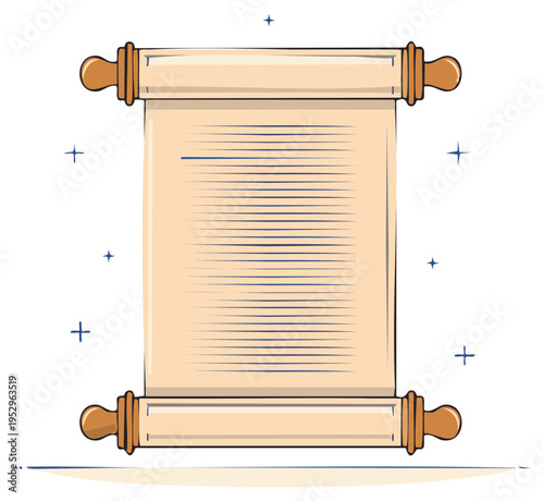 Ancient parchment scroll unfurled with handwritten text and starry decoration