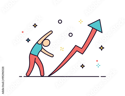 Mobility improvement program showing a simplified figure stretching toward a rising arrow, symbolizing flexibility, restored range of motion, and measurable
