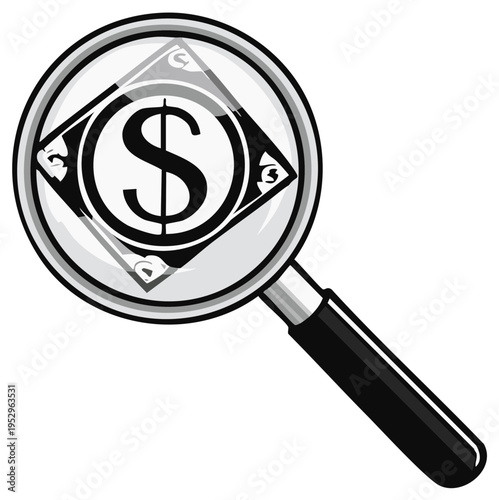 Magnifying glass examining dollar symbol in monochrome style