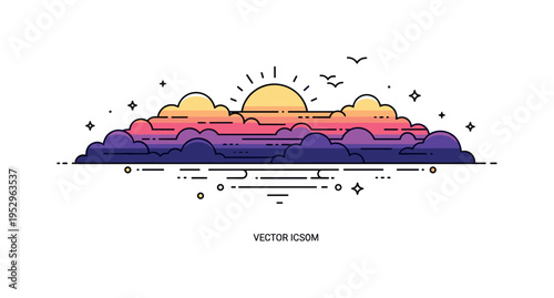 Sunset cloudscape silhouette illustration featuring layered clouds with a vibrant horizon line and small bird silhouettes, symbolizing serenity and expansive