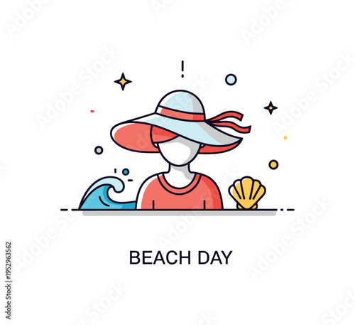 Wearing a sunhat beach vacation vibe featuring a figure in a flowing hat with a tiny wave and shell icon beside, expressing leisure and seaside calm. The short