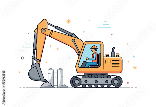 Heavy equipment operator seated in a simplified excavator cab representing infrastructure development and engineering progress. Balanced composition and