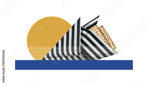 Black and white striped napkin folded into a sharp geometric shape with matzah hidden inside, oversized golden yellow circle cropped by the frame edge, deep