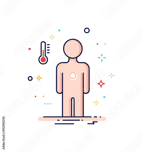 Core temperature concept featuring a simple human silhouette with a glowing center, expressing inner balance, health monitoring, and body awareness. Small