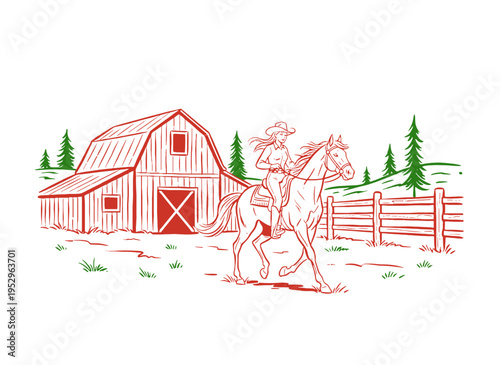 Cowgirl riding horse vintage artwork. Farm barn and ranch design for t shirt print. Country life illustration. Western lifestyle. Horse riding art.