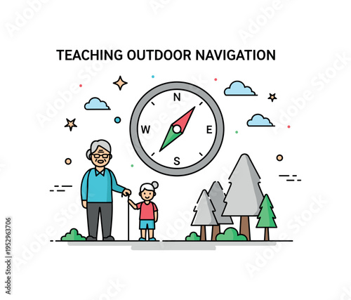 Teaching outdoor navigation featuring a simple compass icon between a grandparent and child figure. The composition emphasizes trust, orientation skills, and