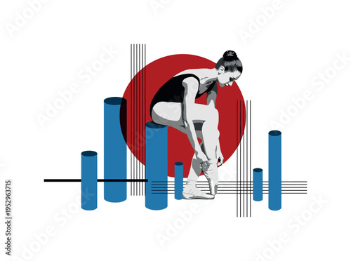 Black and white dancer tying traditional dance shoes before practice, oversized red circle partially hidden behind the figure, abstract blue cylinders and fine