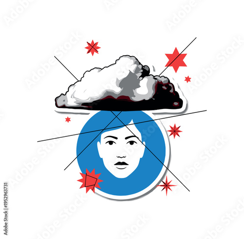 Black and white cloud positioned above a simplified human face, bright blue circular frame enclosing both elements, red geometric star shapes symbolizing