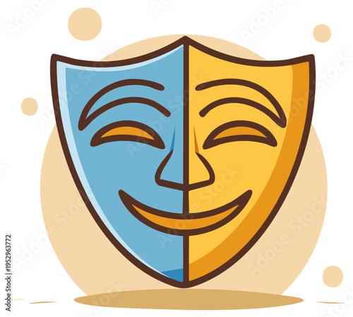 Split face theatre mask, happy and sad expressions, representing duality of emotions and performing arts