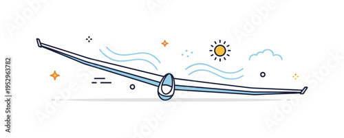 Glider wing elegance illustrated through a long slender wing with smooth airflow curves and a small sun icon, expressing silent flight, balance, and harmony