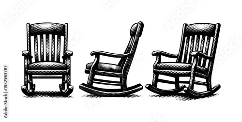 Retro rocking chair A traditional retro rocking chair shown as one object, presented in front, side, and angled views highlighting curved rockers and frame