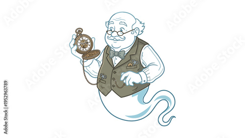 Ethereal Ghost Character with Antique Watch, Friendly Phantom Mascot Vector