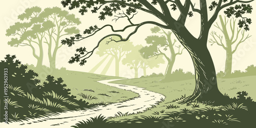 Serene landscape with winding path through green forest trees grass