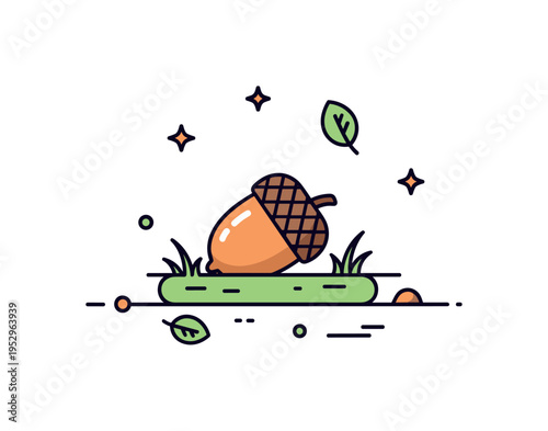 Forest floor acorn illustration featuring a simple acorn resting on a small patch of grass with minimal leaf scatter, expressing calm natural detail and quiet