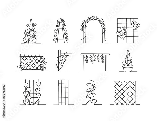 Climbing Plant Supports. Minimalistic set one-line drawing trellis with morning glory vines, tall support frame with ivy, garden arch with flowers, grid panel